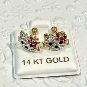 14 KT Gold Kitty Crystal Stud Earrings with Pink Accents with Ball Screwball